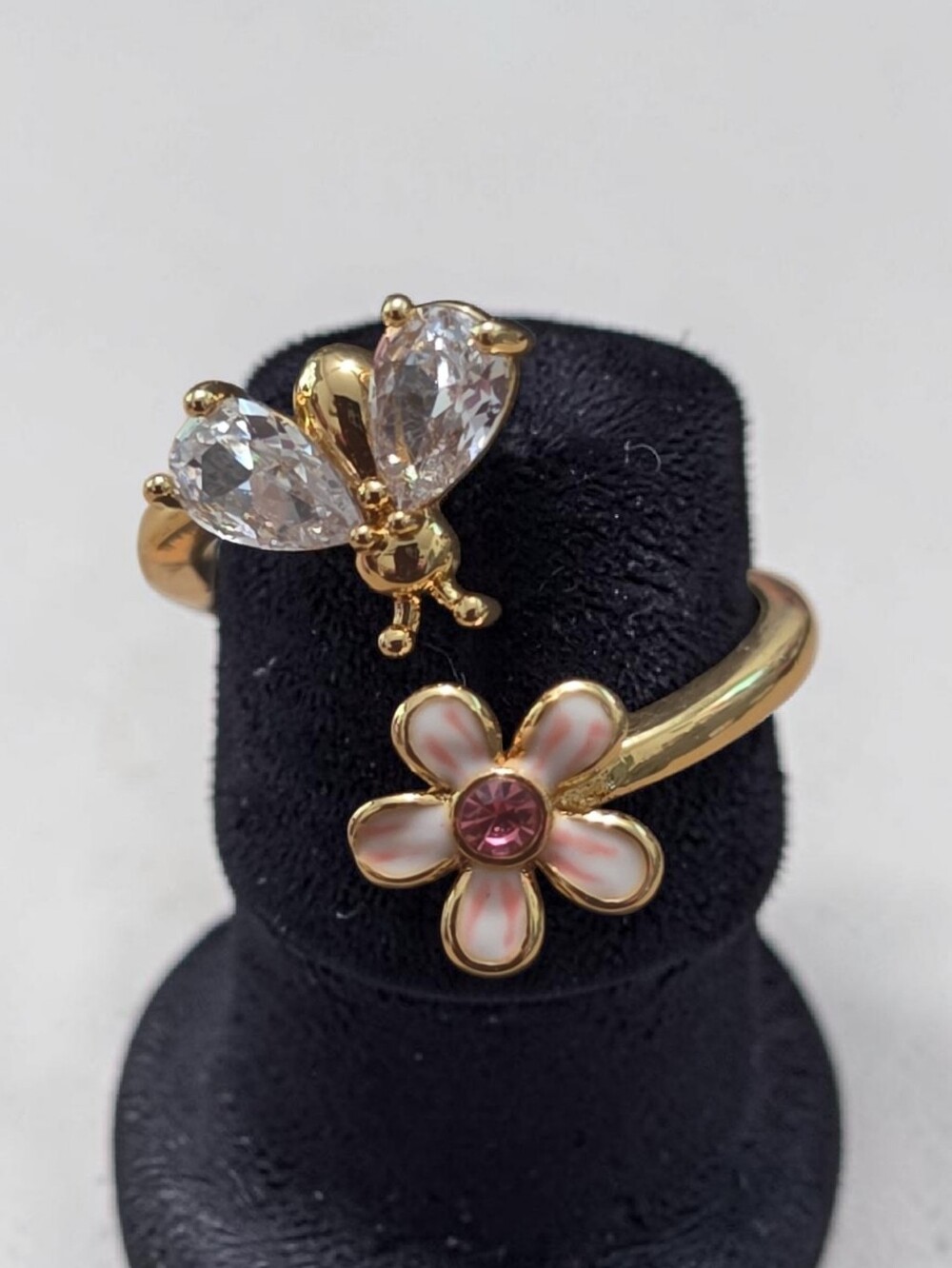 Nwt LAMEN0 Gold Butterfly & Pink Flower Open Ring - Women Jewelry